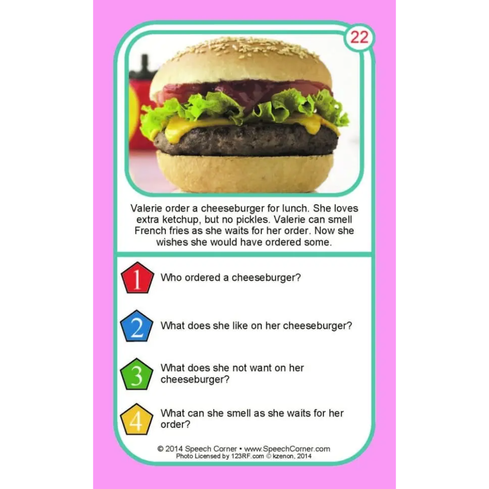 A speech therapy card featuring a cheeseburger photo at the top, a short reading comprehension sentence, and four numbered multiple-choice questions on a pink and white layout.