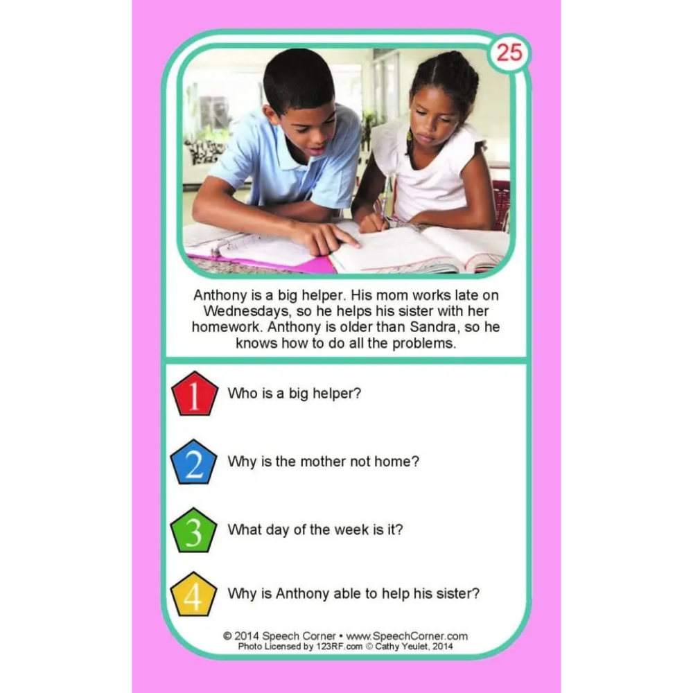 A printed educational card with a pink border and a central rounded card showing a photo of two children studying, plus a short reading comprehension question and four numbered answer options.