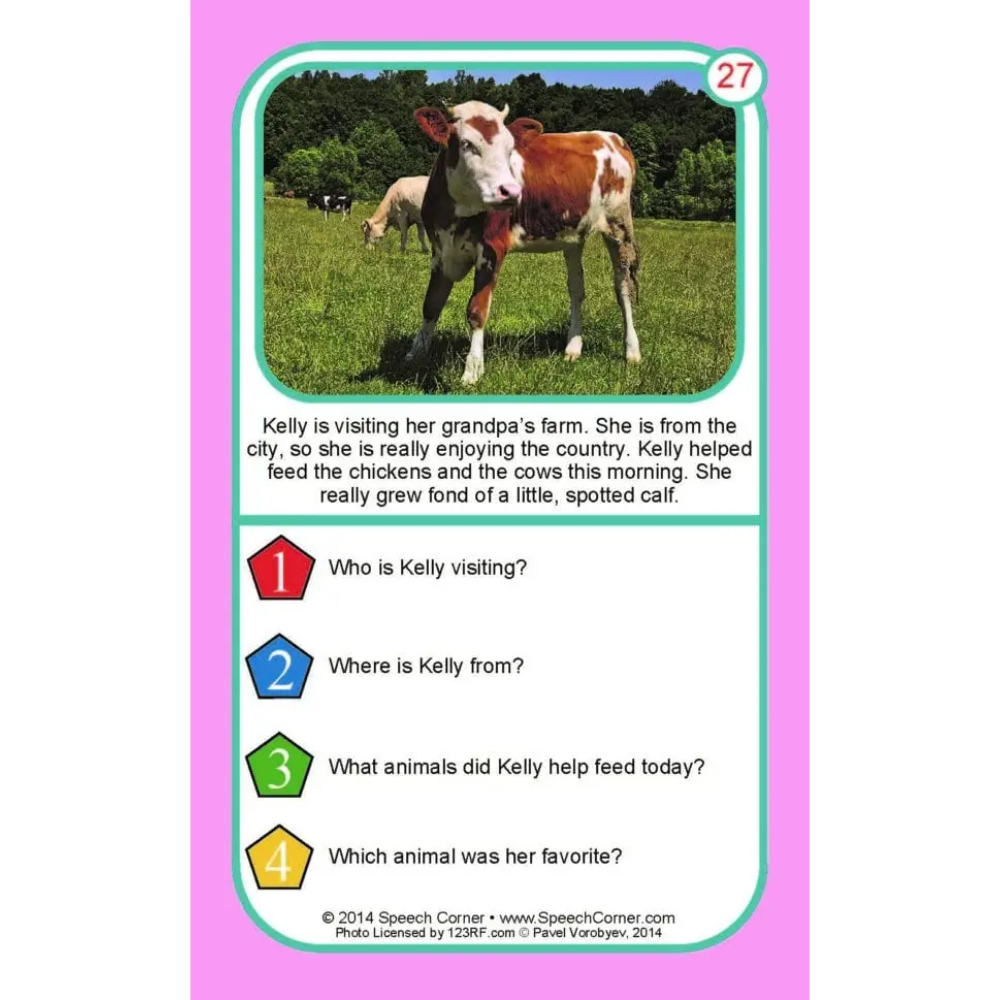 A single educational speech-language card with a pink border and a white card face, featuring a photo of cows in a field, the number 27, and multiple-choice questions about a farm visit. Visible text at the bottom includes Speech Corner.