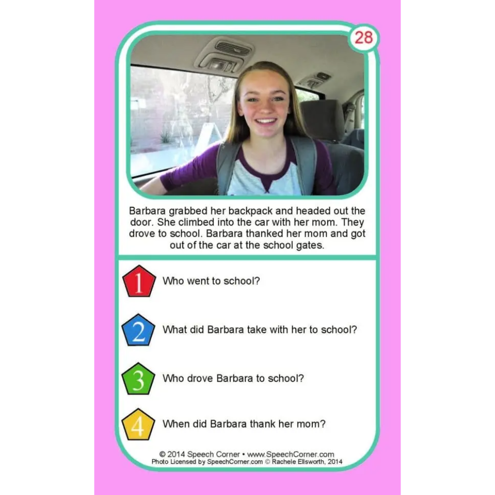 A speech therapy card featuring a photo of a smiling young woman in a car, with text about her and multiple-choice questions about who drove her to school and what she took with her. The card is set against a bright pink background.