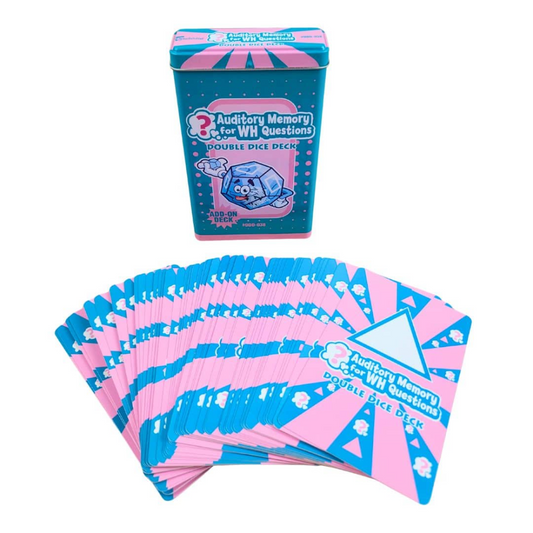 A boxed double dice deck for auditory memory questions with three illustrated dice, shown above a fanned-out stack of pink and blue patterned cards on a white background.