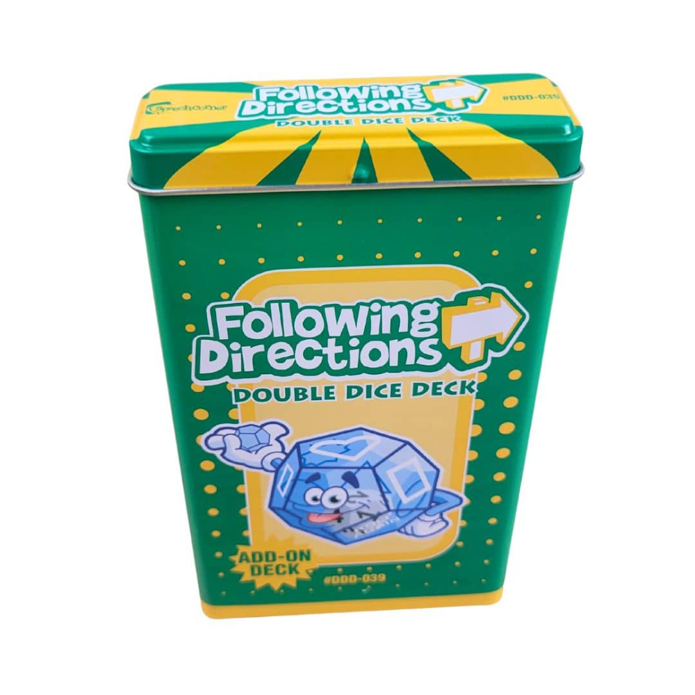 A green and yellow metal tin of 'Following Directions Double Dice Deck' on a plain white background. The packaging features a cartoon blue ice cube character and the product name in bold white and yellow lettering.