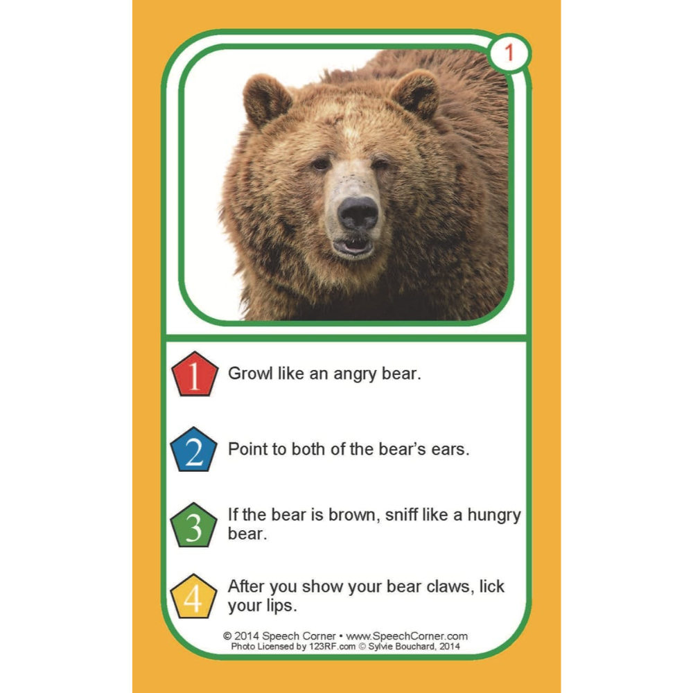 A speech therapy card featuring a brown bear photo at the top and four numbered behavioral cues with colored icons, on a yellow cardstock background.