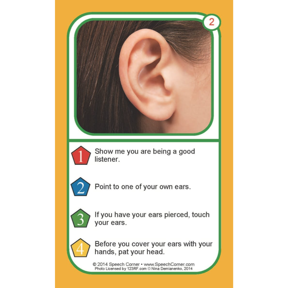A speech therapy card titled 'Good Listener' with a yellow border, a photo of a human ear at the top, and four numbered instructions on a white background with green borders.