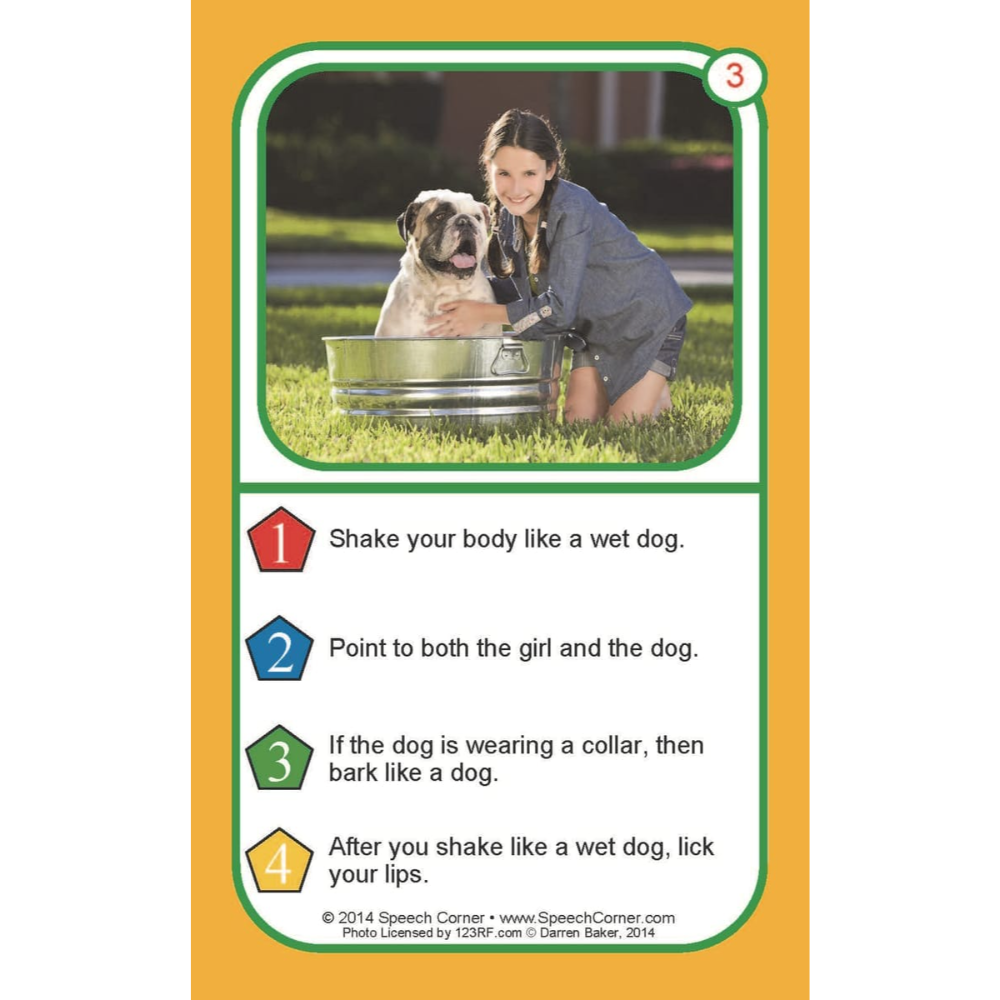 A speech therapy card with a yellow-orange border, featuring a photo of a girl and a dog in a metal tub on a lawn, with four numbered behavioral cues and text instructions below.