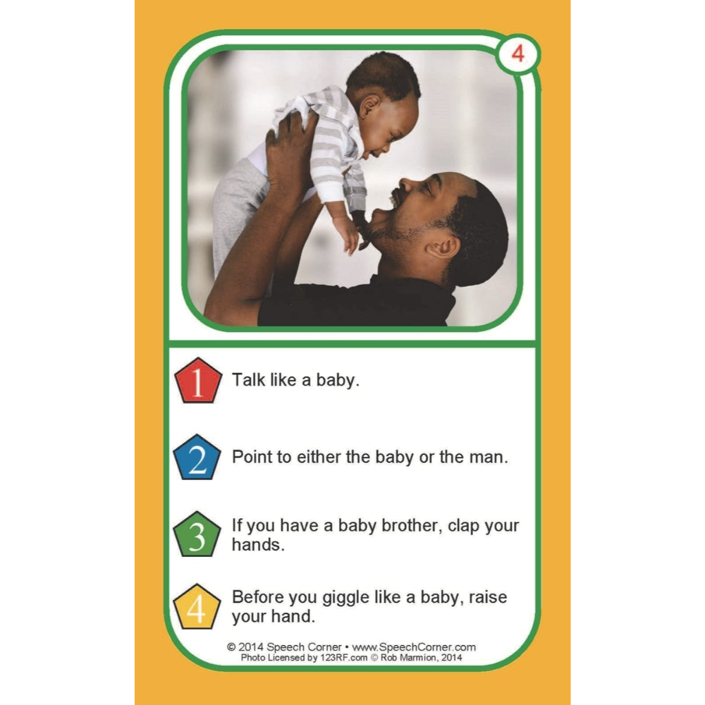 A speech therapy card titled 'Talk like a baby' featuring a photo of a father lifting his baby, with four numbered behavioral instructions below on a white card with a green border, set against a yellow-orange background.