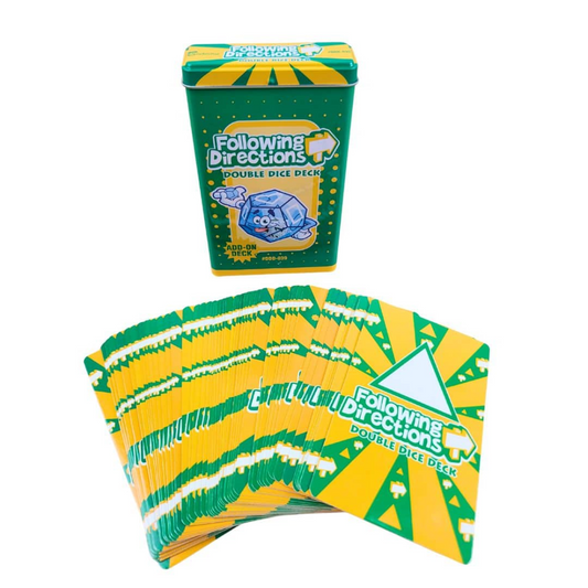 Following Directions Double Dice Dcard game set, showing the green and yellow tin packaging box above a fanned-out stack of the double dice cards.