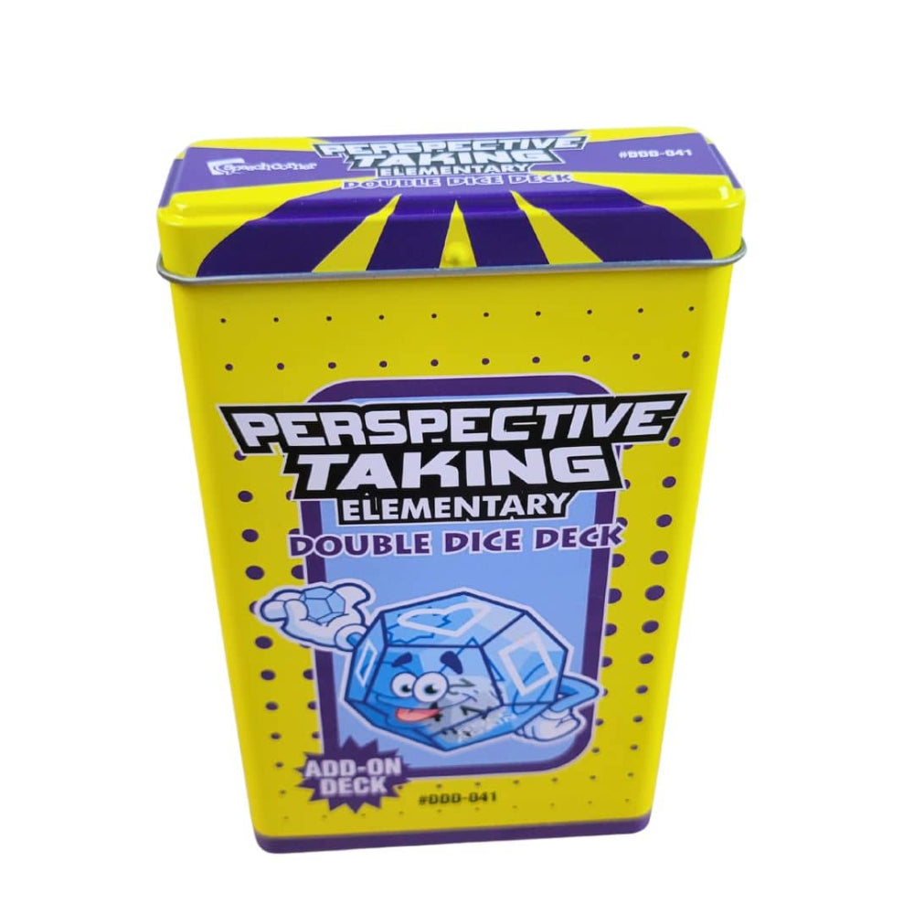 Perspective Taking Elementary Double Dice Deck in a bright yellow metal tin with purple accents and cartoon graphics on the front.