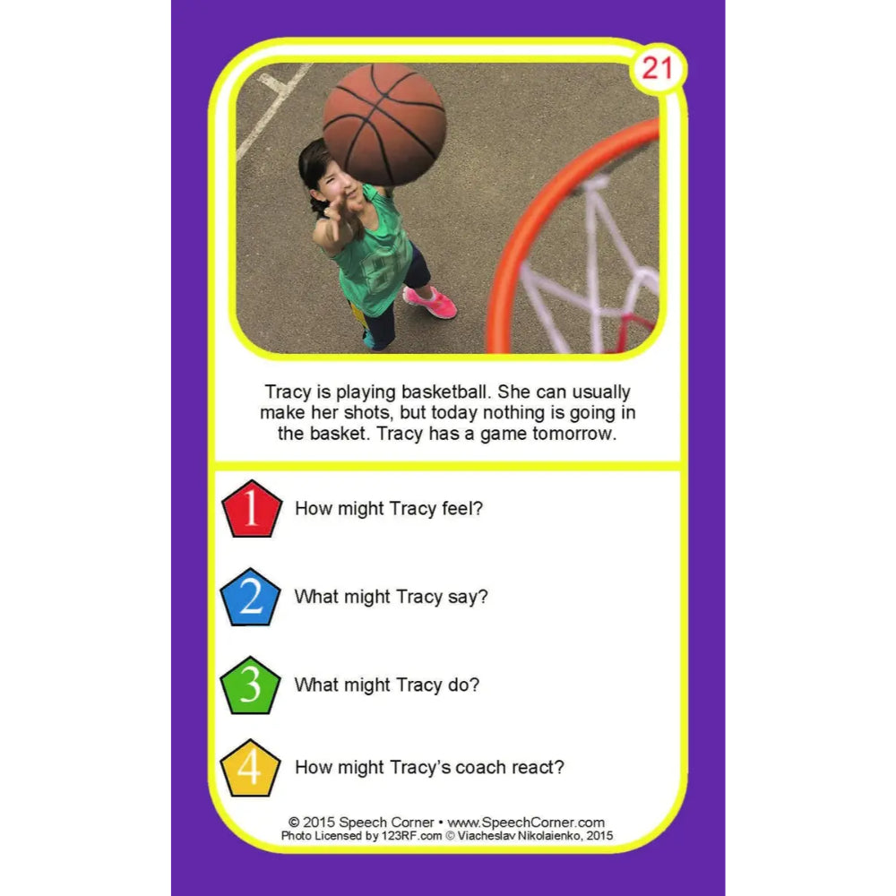 A printed worksheet or card with a purple border, a basketball photo at the top, and a short narrative about a child named Tracy, followed by four numbered reflective questions with colored numbered markers.