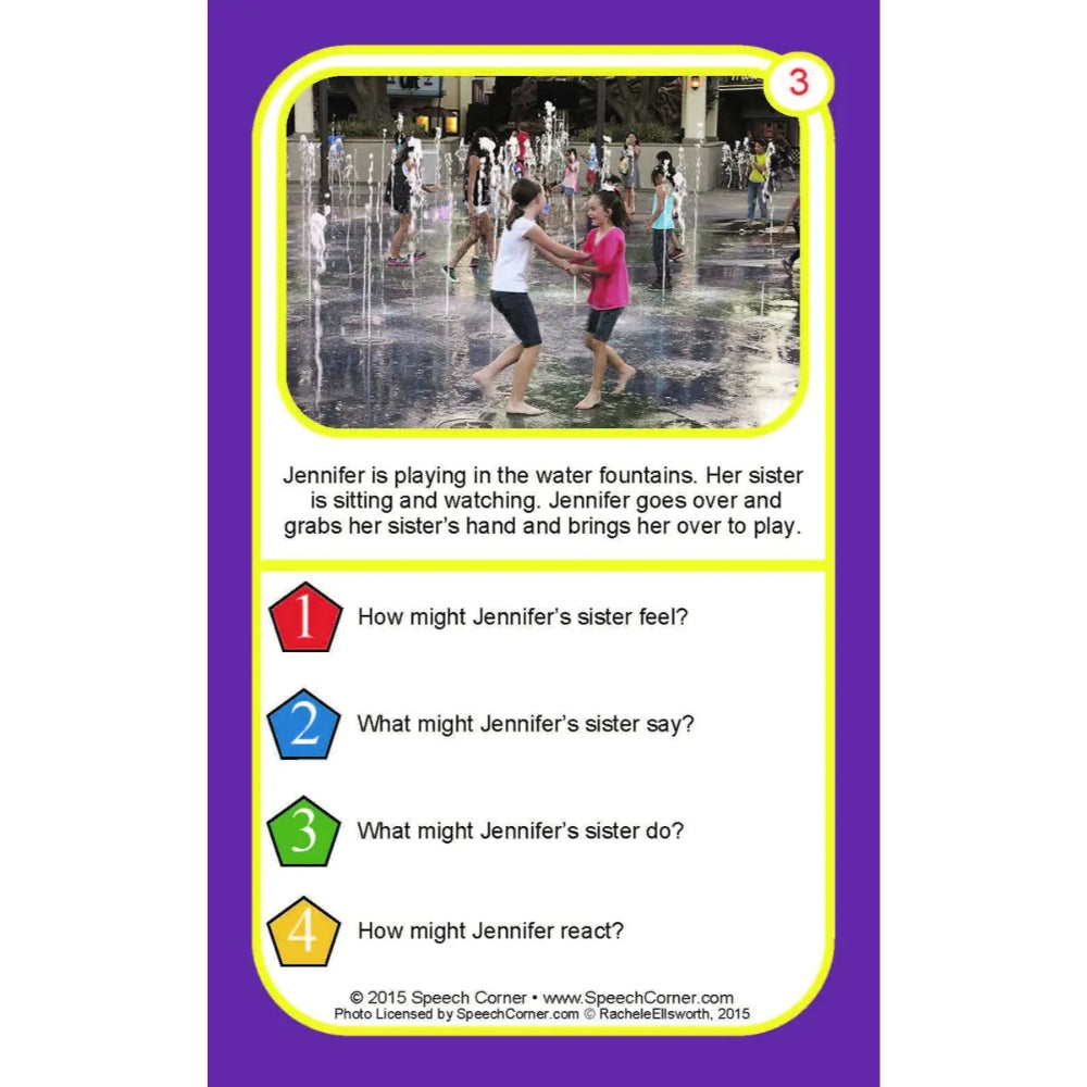 A speech therapy card featuring a photo of two children playing in a water fountain, with text prompts about Jennifer and her sister. The card has a purple border with a yellow inner frame and numbered question boxes in red, blue, green, and yellow.