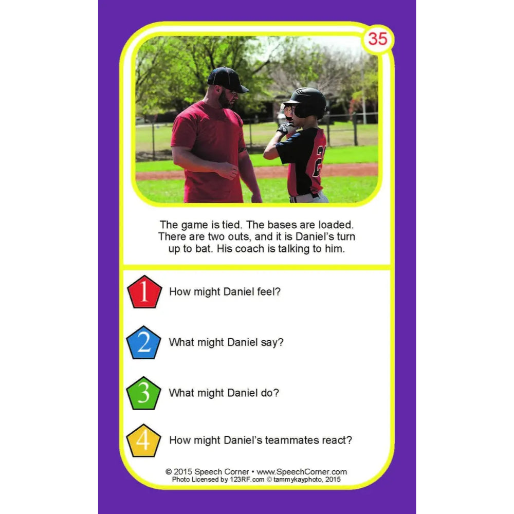 A printed educational card with a purple border and a yellow inner frame, featuring a small photo of a baseball coach and player, plus a short scenario and four numbered prompt questions.