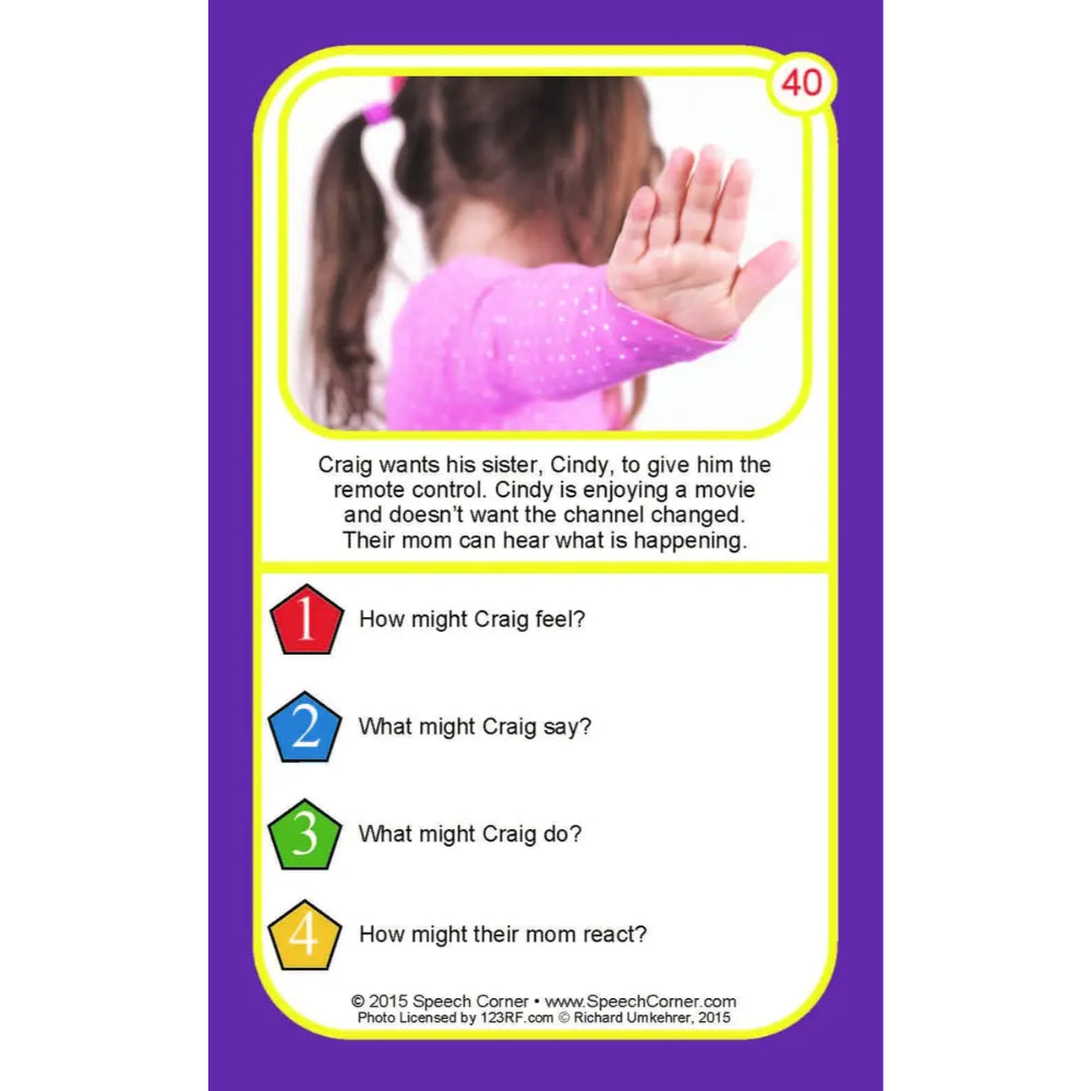 A speech therapy card featuring a purple border, a yellow inner border, and a photo of a young girl with her hand raised. The card contains a scenario question and four numbered prompt options for brainstorming responses.