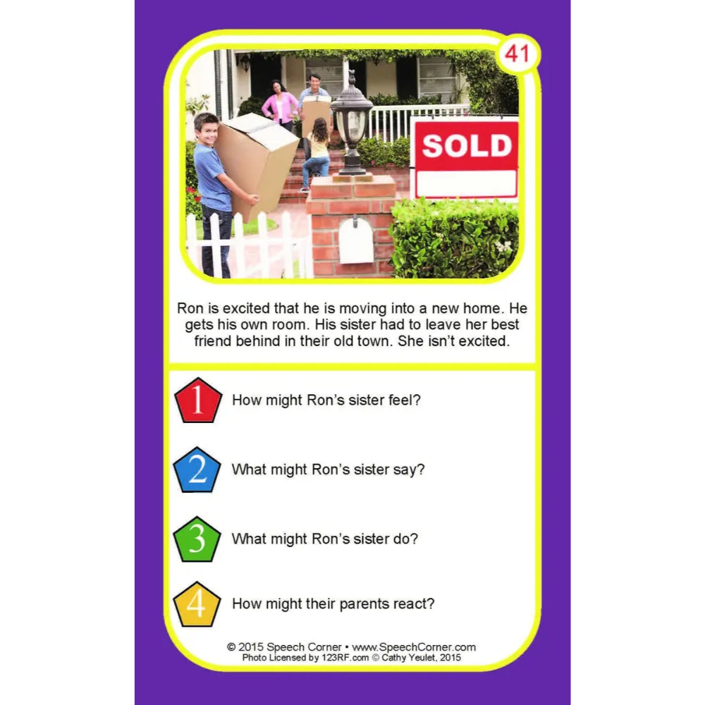 A printed educational card with a purple border, a small photo of a family moving boxes in front of a house with a red SOLD sign, and four numbered discussion questions about Ron and his sister.