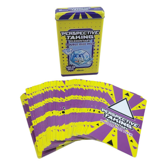 Perspective Taking Elementary Double Dice Deck, shown with its yellow and purple storage tin and a fanned-out deck of playing cards on a white background.