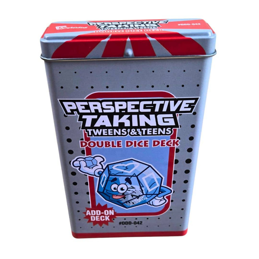 Perspective Taking Tweens & Teens Double Dice Deck in its original tin packaging, featuring a gray metal container with red and white accents and a cartoon ice cube character.