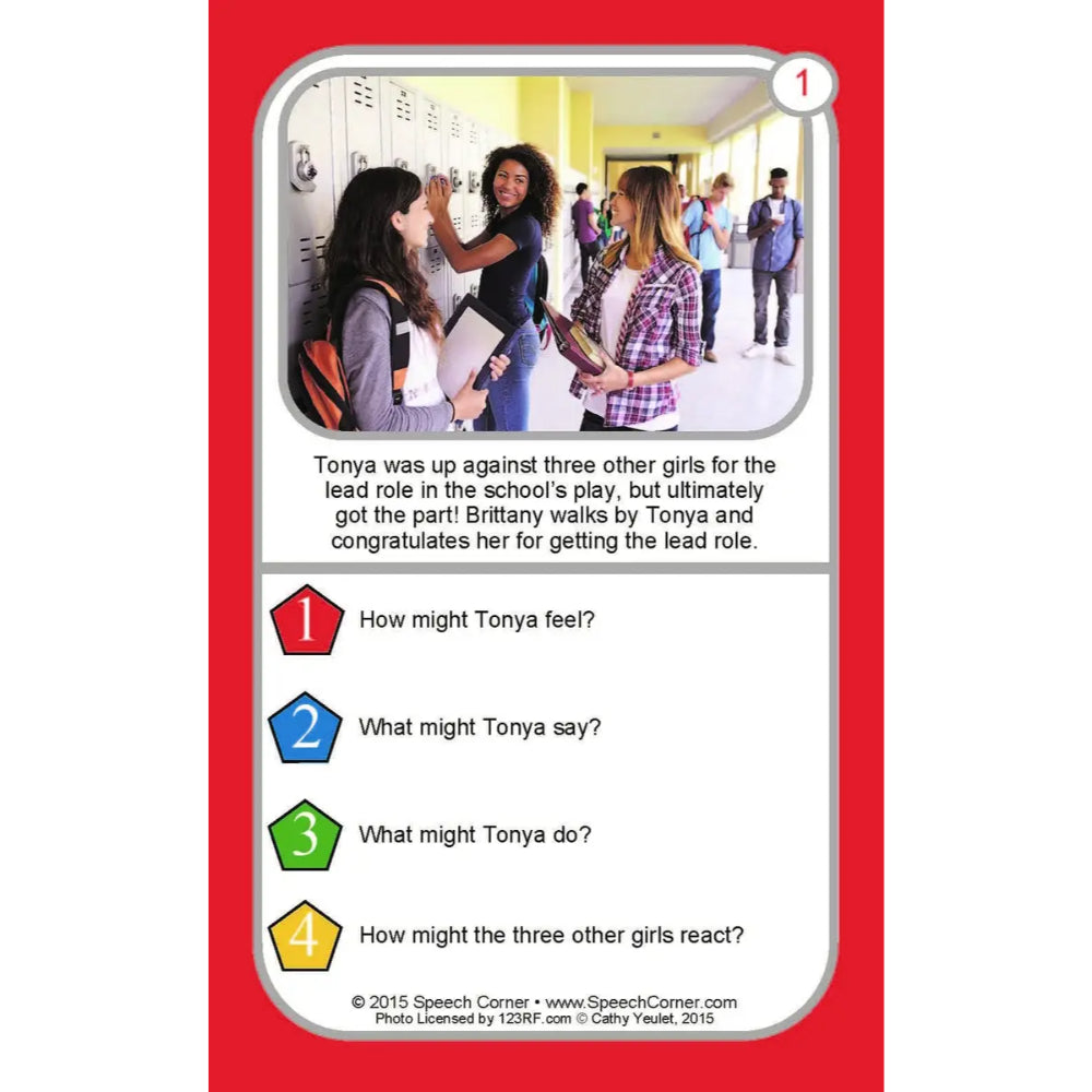 A speech therapy or educational card featuring a school hallway scene with four text prompts about Tonya, set against a red border with numbered question boxes.