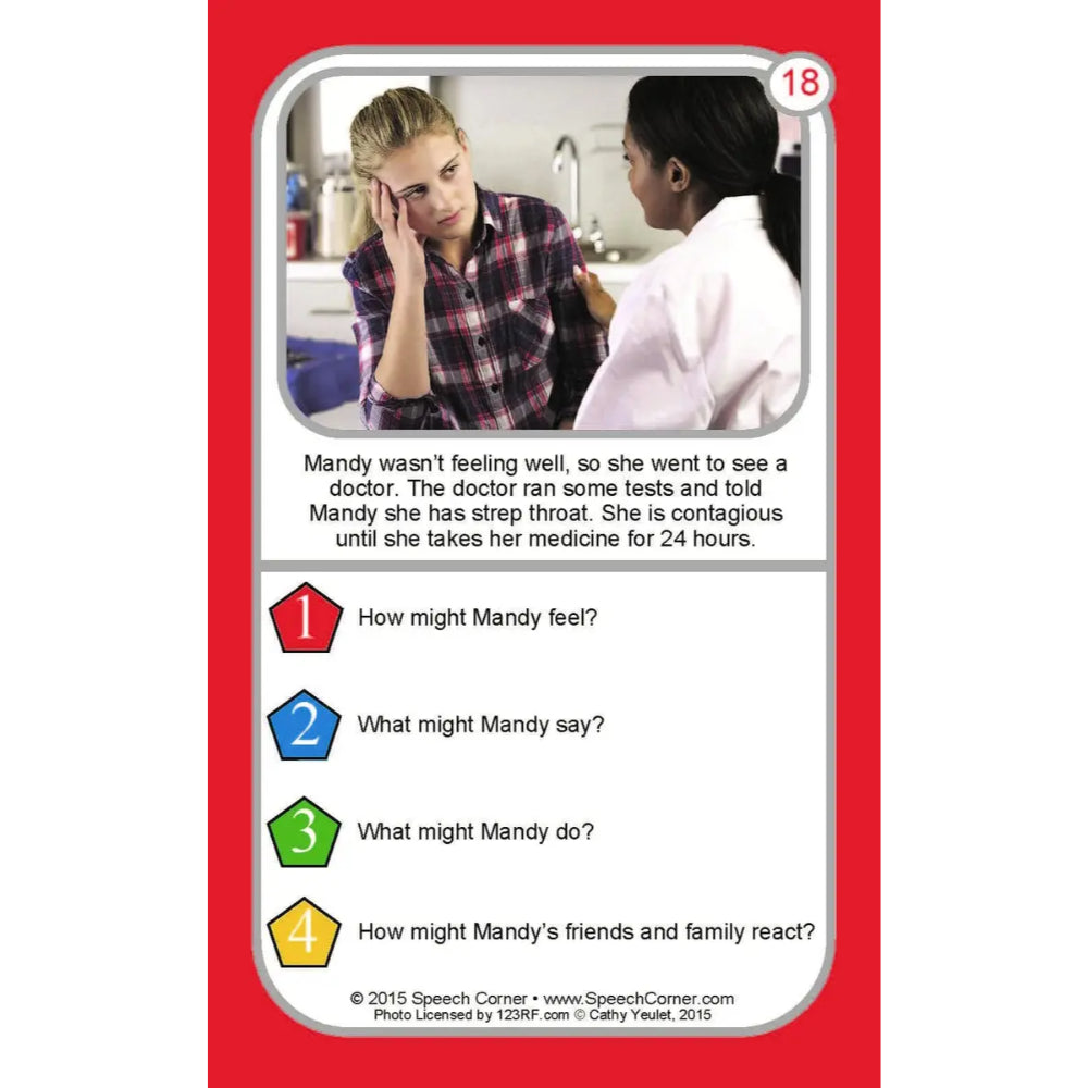 A speech therapy card featuring a red border and a white central panel with a photo of a doctor's office scene, followed by a short reading passage and four numbered discussion questions with colored icons.