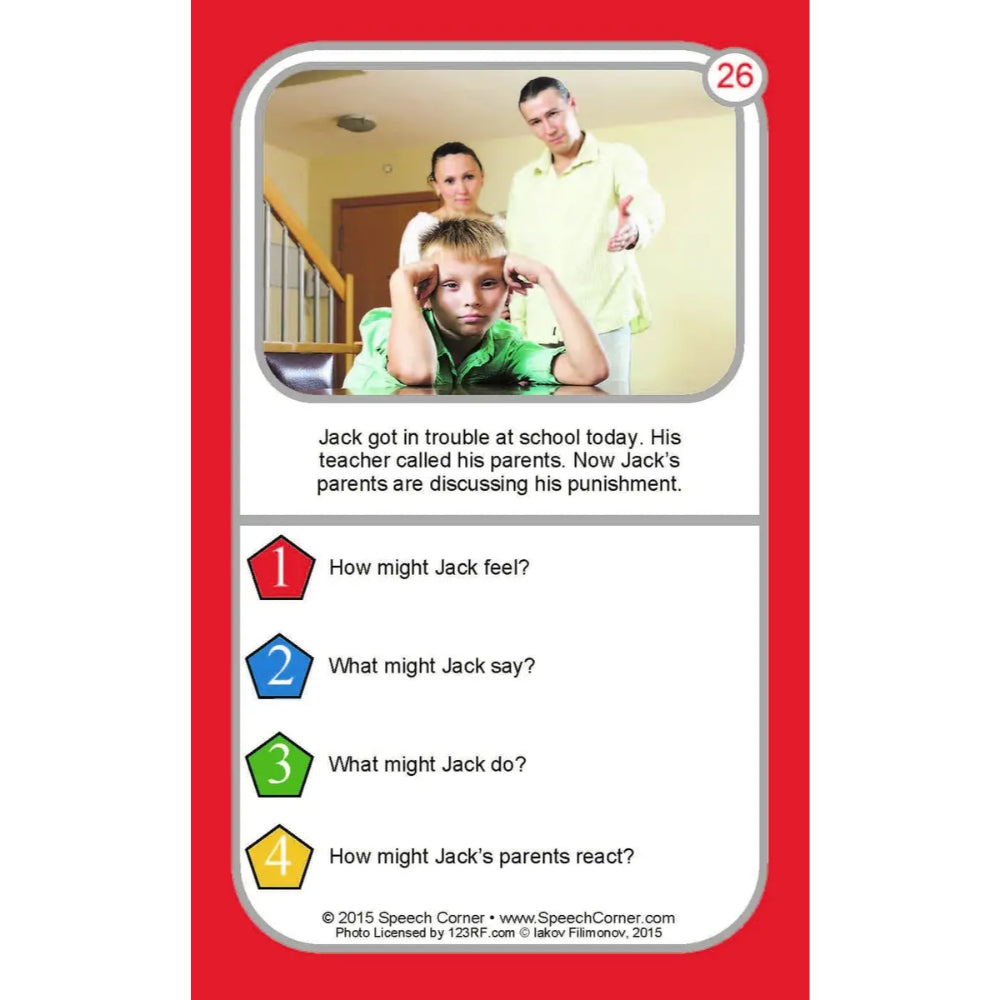 A speech therapy card with a red border and a central scenario photo showing a family. The card includes text about a boy named Jack in trouble at school and four numbered prompts for discussion.