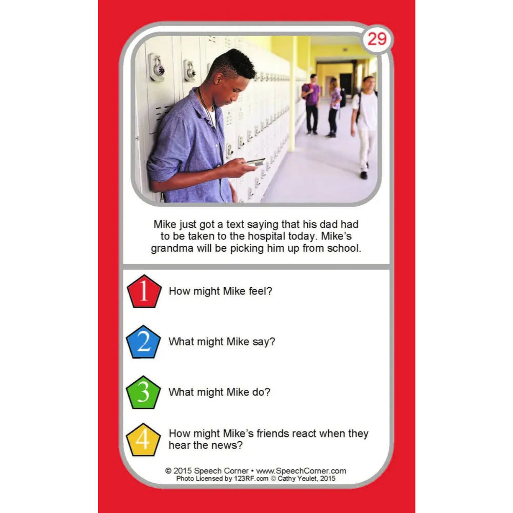 A speech therapy card with a red border and a central photo of a young man in a hallway, accompanied by text and four numbered discussion questions.