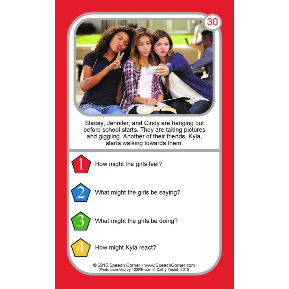 A speech therapy card featuring a red border, a photo of three young girls, and four multiple-choice questions about their feelings and actions. The card is from Speech Corner, as noted in the copyright text at the bottom.