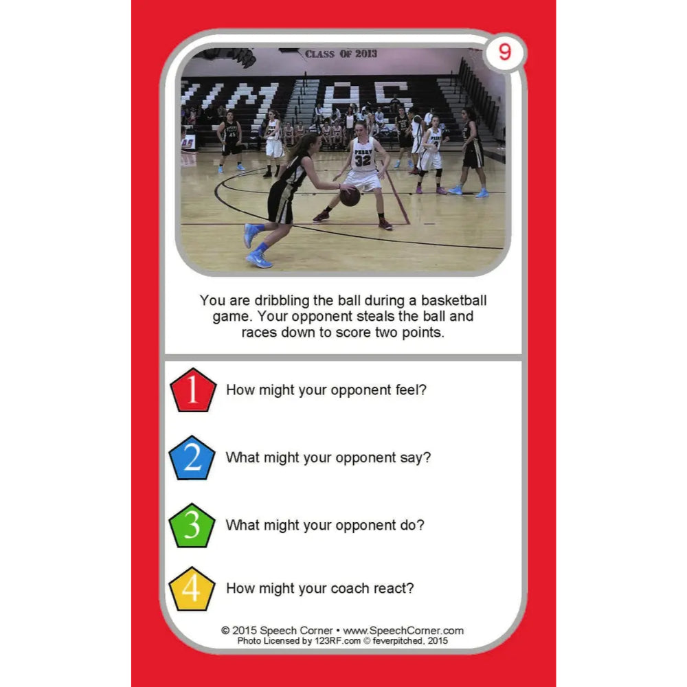 A red and white speech therapy card featuring a basketball game scene with players, followed by a prompt about dribbling and a list of four thinking questions with numbered red, blue, green, and yellow icons.