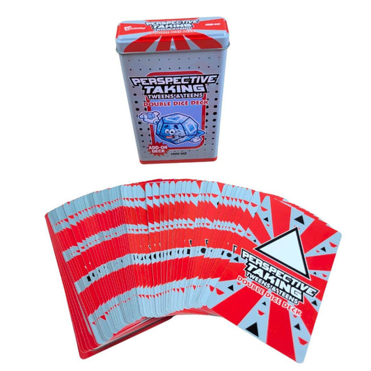Perspective Taking Double Dice Deck for Tweens & Teens, showing the metal tin packaging and a fan of playing cards on a white background.