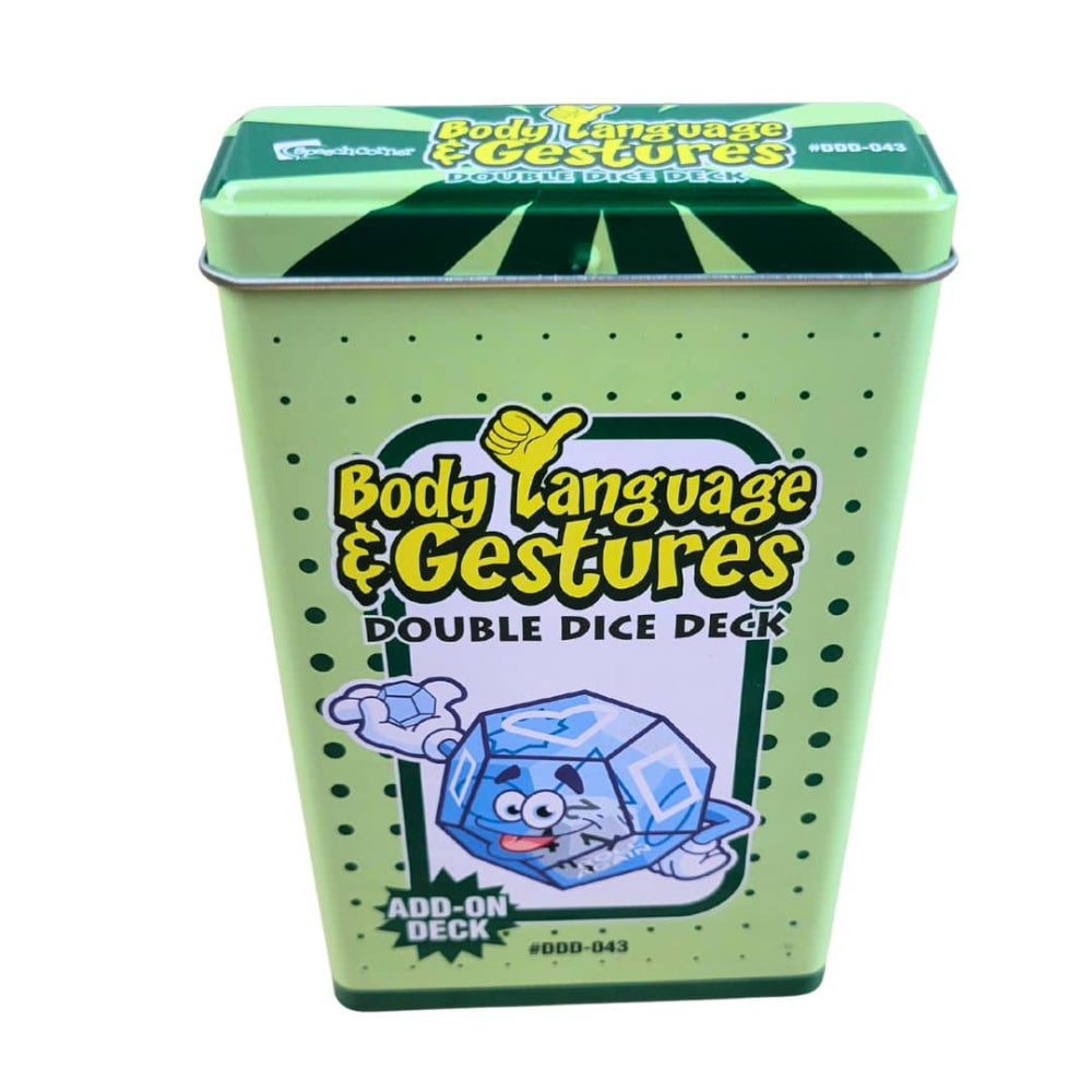Body Language & Gestures Double Dice Deck in a light green metal tin with a cartoon ice cube character on the front label.