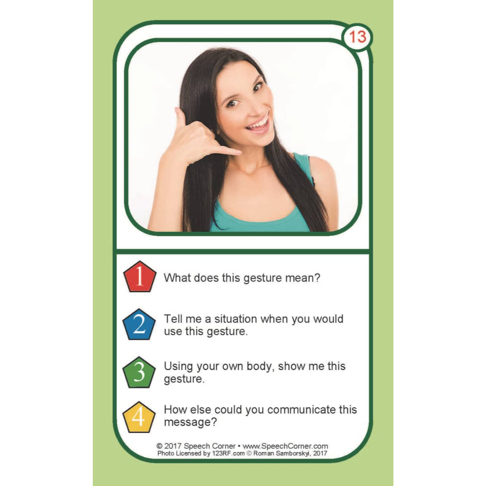 A speech therapy card or educational card featuring a photo of a woman making a call gesture, with numbered text questions about the gesture below on a light green background.