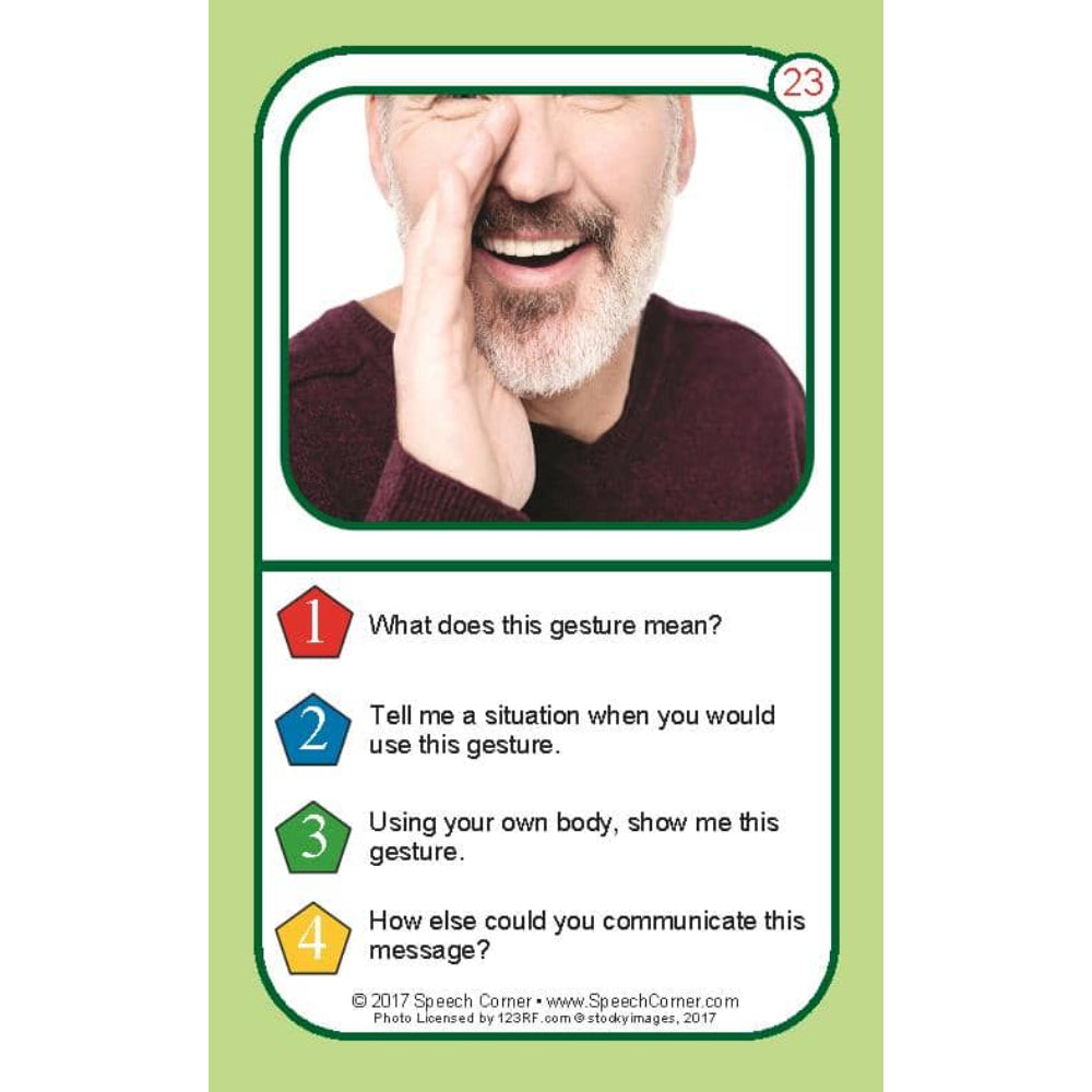 A square educational card from SpeechCorner featuring a photo of a smiling man covering his mouth with his hand, labeled with the number 23. Below the photo, four numbered text prompts ask about the gesture meaning, usage, body demonstration, and alternative communication methods.
