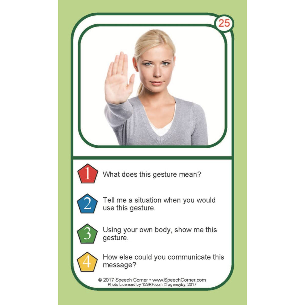 A speech therapy card featuring a blonde woman making a stop gesture, with text questions about the gesture below on a light green background.
