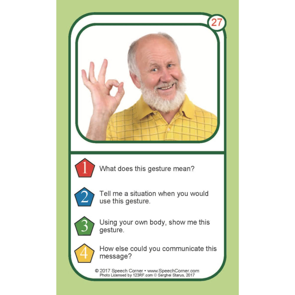 A speech therapy card featuring a photo of an older man making an 'OK' gesture, with text prompts about the gesture's meaning and usage on a light green background.
