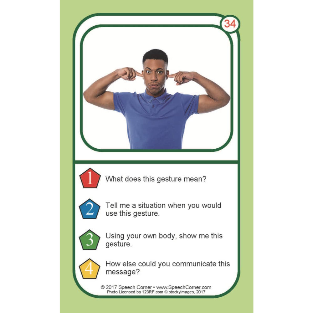 A speech therapy or educational card featuring a photo of a man covering his ears, with text prompts about the gesture's meaning and usage, on a light green background.