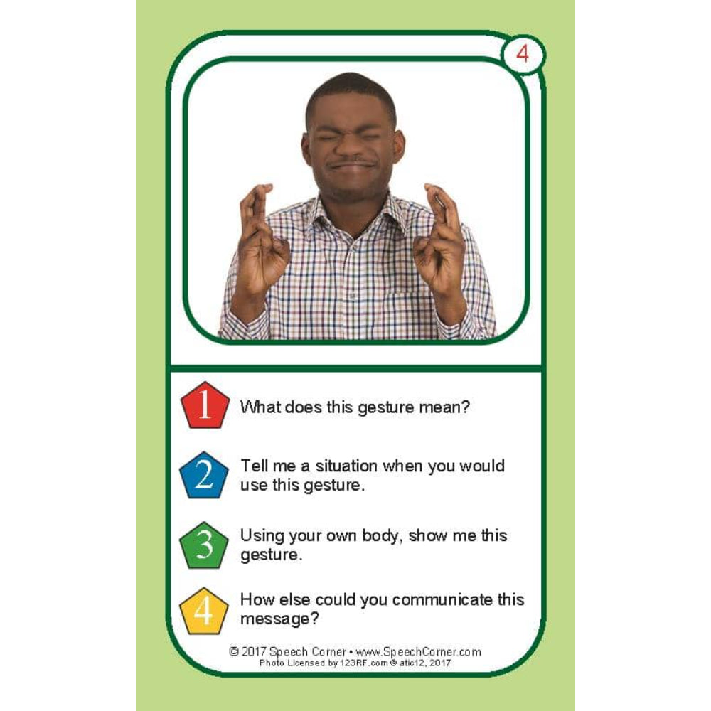 A green and white educational card from Speech Corner featuring a photo of a man making a hand gesture, with four numbered text prompts below.
