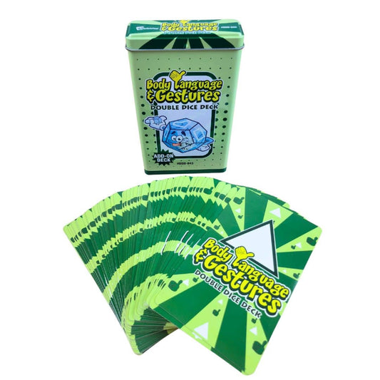 Body Language & Gestures Double Dice Deck set with a green tin box and a fan of green patterned cards on a white background.
