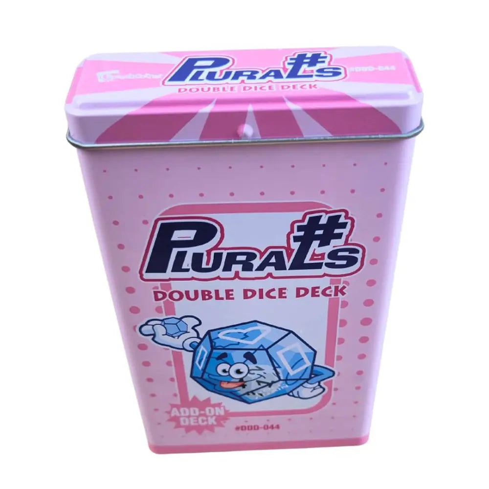 A pink metal tin of Plurals Double Dice Deck, featuring a cartoon blue dice character on the front, set against a plain white background.