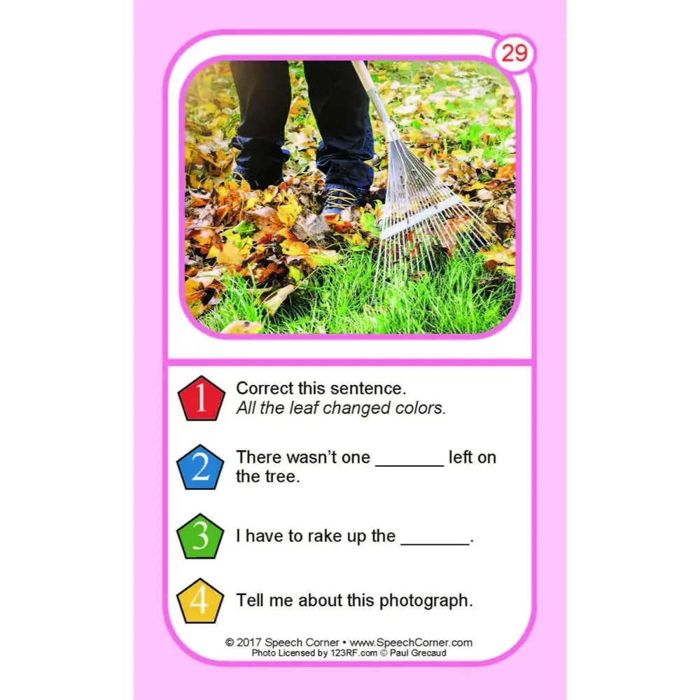 A printed activity card with a pink border, featuring a small photo of a person raking leaves in grass and several numbered English sentence correction prompts below.