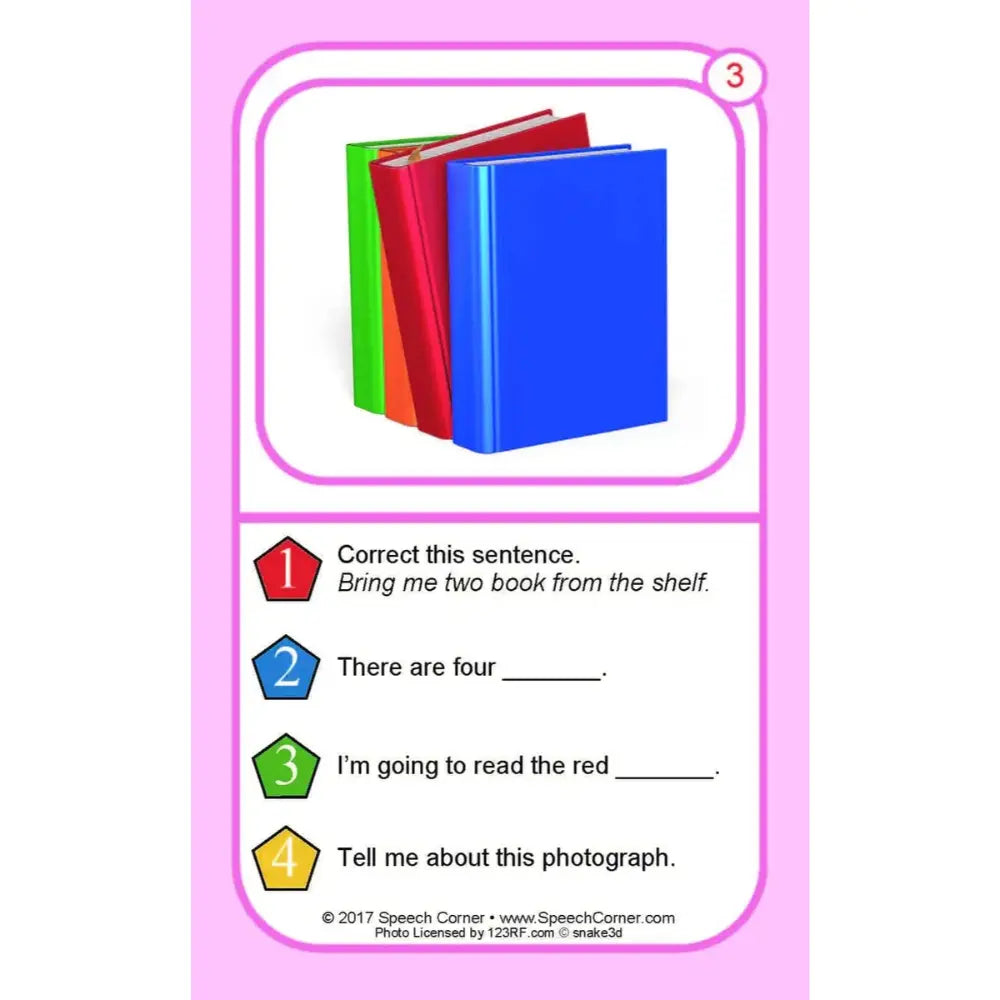 A pink educational card with a photo of three colorful books at the top and four numbered English sentences below, including a red hexagon labeled '3'.