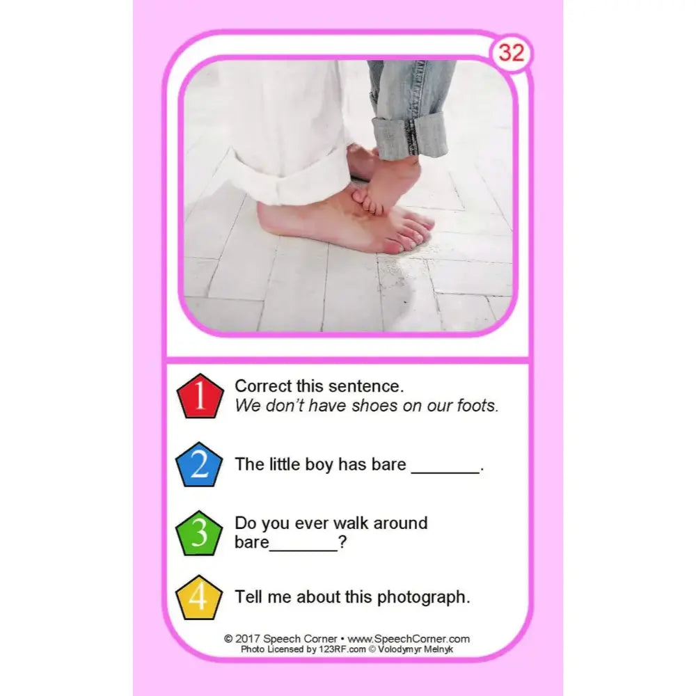 A pink educational card with a photo of bare feet and text exercises about not having shoes on our feet, labeled with numbers 1 through 4.