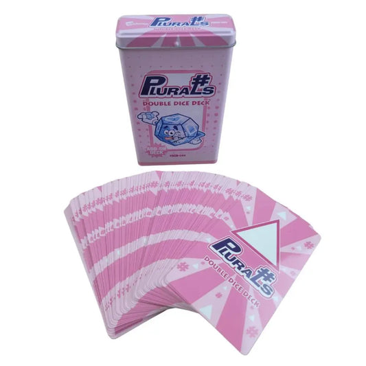 Pink Plurals double dice deck with its metal tin packaging, displayed on a clean white background.