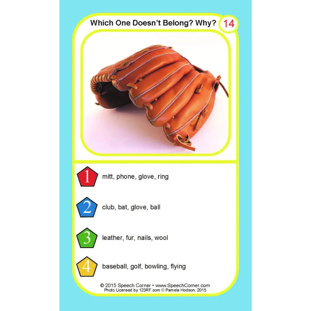 A speech therapy educational card titled 'Which One Doesn't Belong? Why?' featuring a brown leather baseball glove. The card lists categories such as 'mitt, phone, glove, ring' and 'baseball, golf, bowling, flying' with numbered options.