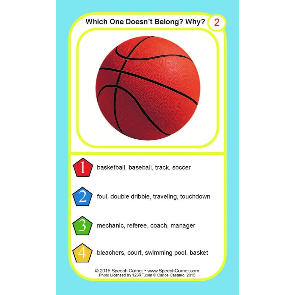 A speech therapy card titled 'Which One Doesn't Belong? Why?' featuring a red basketball at the top and four word associations listed below with numbered color-coded labels on a light blue background.