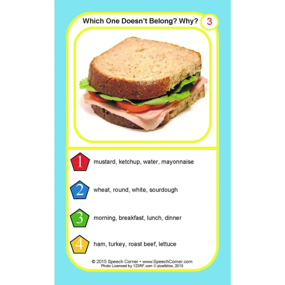 A children's educational card titled 'Which One Doesn't Belong? Why?' with a sandwich photo at the top and four listed food/drink options below, including mustard, ketchup, water, mayonnaise, wheat, round white, sourdough, and morning/breakfast/lunch/dinner.