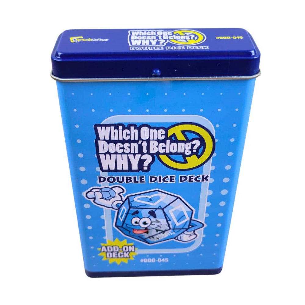 A blue metal tin of 'Which One Doesn't Belong? WHY? Double Dice Deck' by Brainshooter, featuring a cartoon ice cube character on the front.