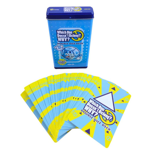 A blue metal tin and a fanned-out set of 'Which One Doesn't Belong? Why? Double Dice Deck' cards on a plain white background.