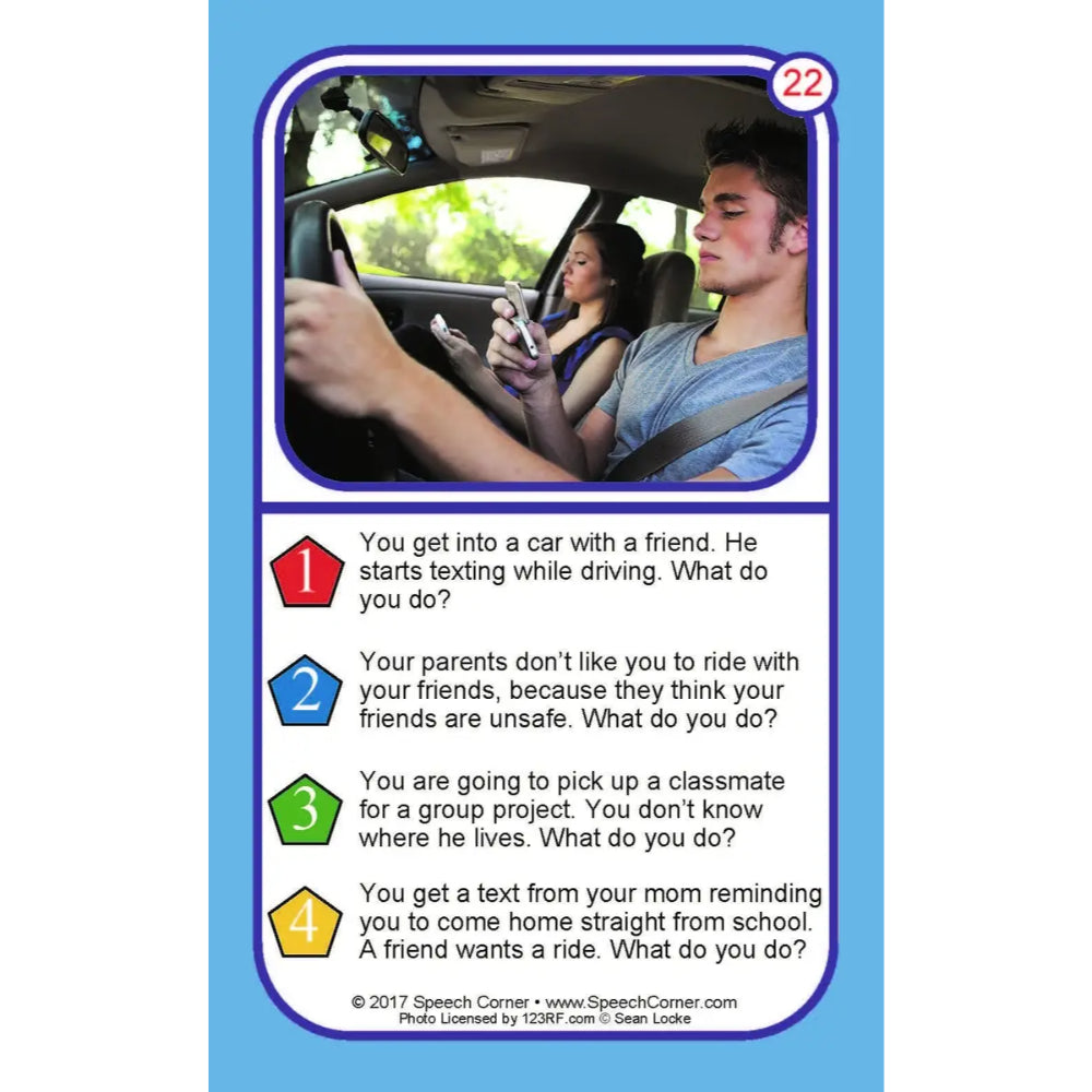 A speech therapy card featuring a photo of a man texting while driving and multiple choice questions about responsible driving behavior, with a blue border and numbered options.