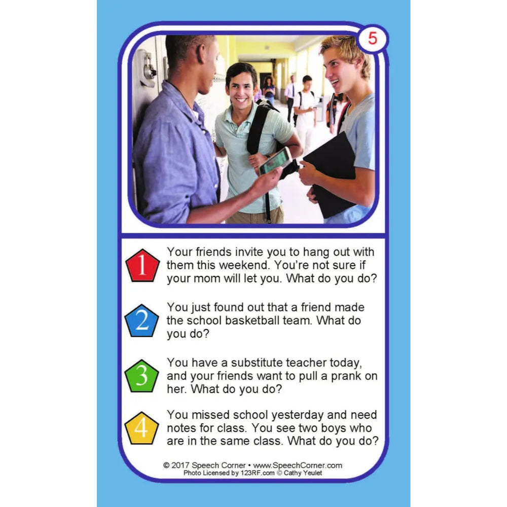 A speech therapy card or game card with a blue border, featuring a photo of three young men in a hallway at the top and five numbered situational prompts below.