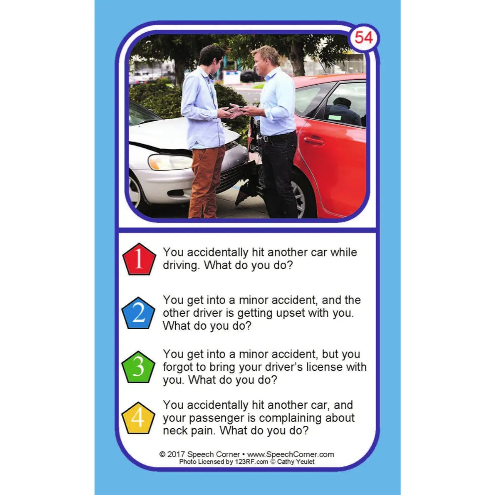 A speech therapy card titled '54' with a blue border, featuring a photo of two men standing by a damaged red car and a list of four traffic accident scenario questions with colored numbered options.