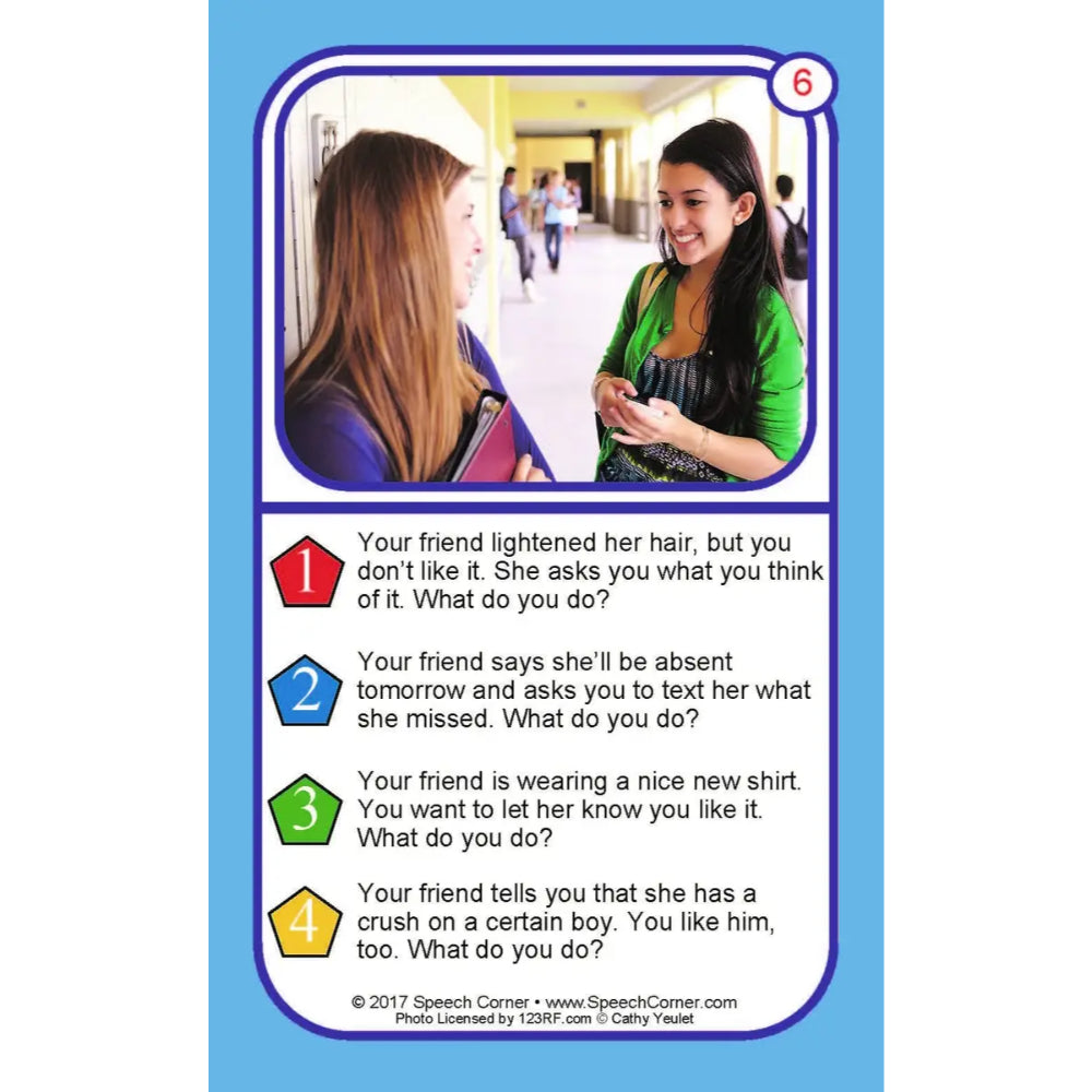 A speech therapy role-play card featuring a scenario with two girls in a hallway, with text options numbered 1 through 5 for role-playing social situations.