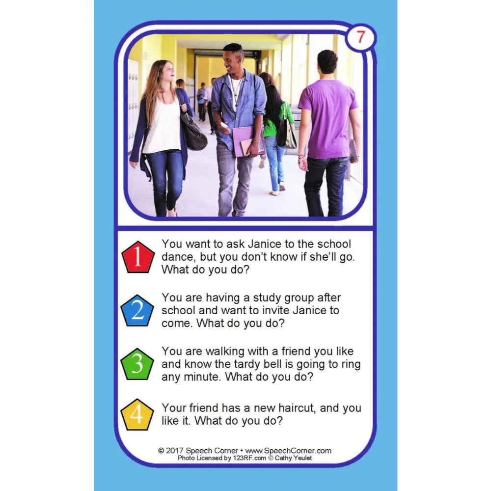 A speech therapy role-play card from Speech Corner, featuring a scenario about asking a girl to the school dance. The card has a light blue border, a photo of three students in a hallway at the top, and four numbered options with colored icons below.