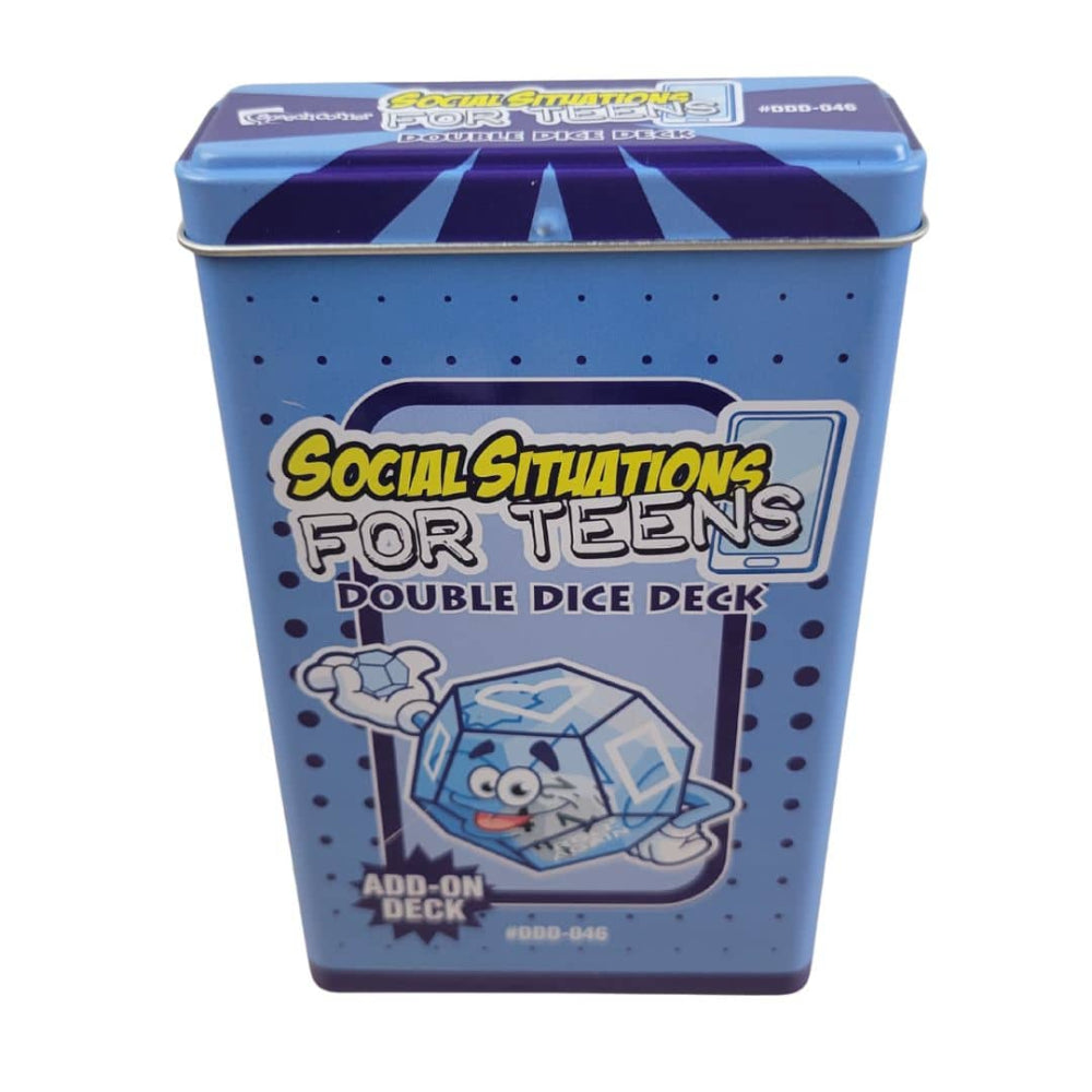A blue metal tin box for the 'Social Situations for Teens Double Dice Deck' featuring a cartoon dice character and product branding on a white background.